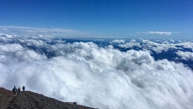Hikers and clouds as we descend from Mt. Fuji